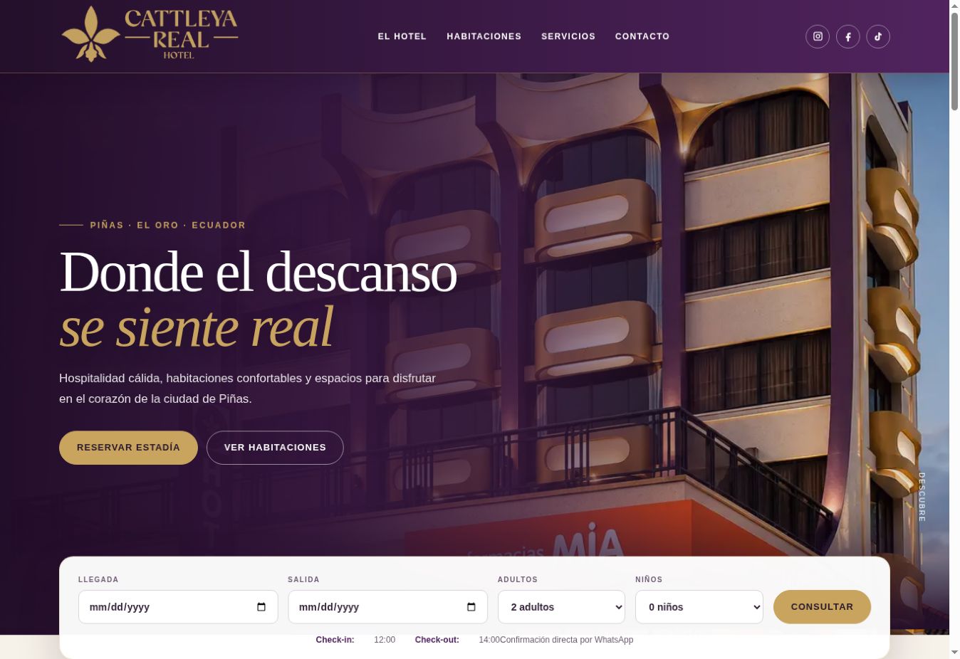 Captura de la página web del Hotel Cattleya Real